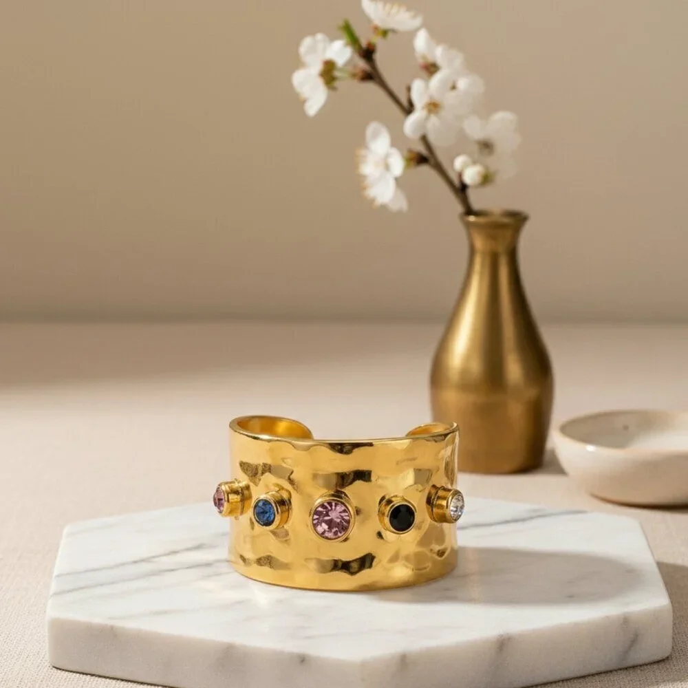 18K Gold Plated Hammered Ring Adjustable Colorful CZ Gemstones Bold Look